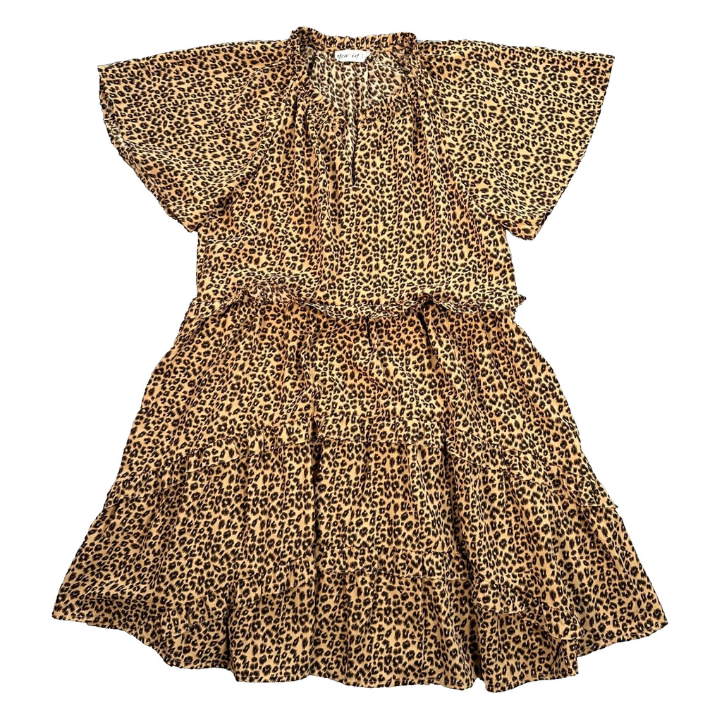 New In Leopard Print Babydoll Mini Dress Womens Small V-Neck Tiered Ruffle Lined